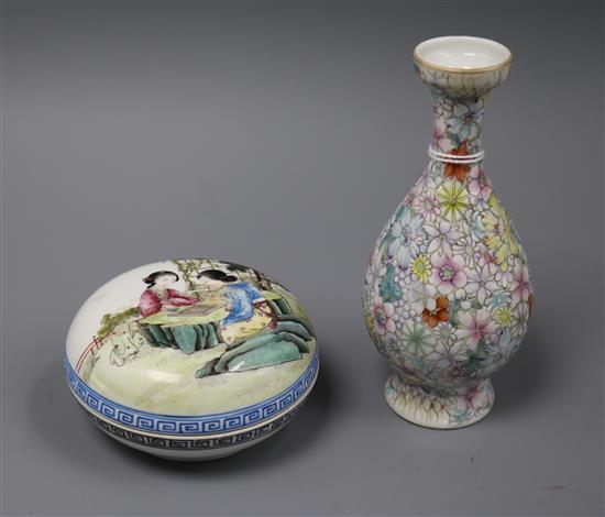 A Chinese famille rose box and cover and a thousand flower vase height 14cm